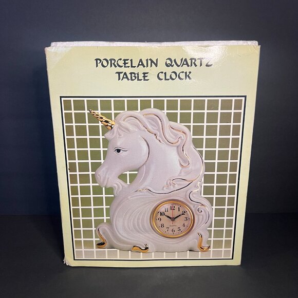 Vintage RARE Hand Painted Porcelain Blue & White Gold Unicorn Quartz Table Clock - Picture 11 of 12